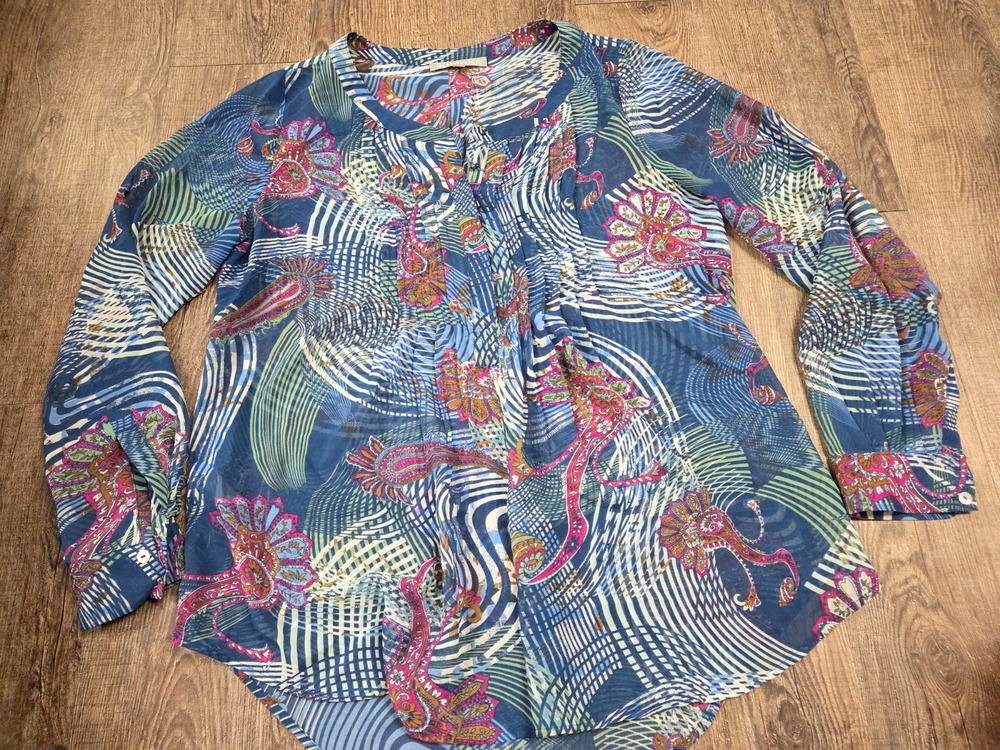 Daniel Rainn Sheer Blouse Button Front Long Sleeve Top Shirt Blue Size Medium